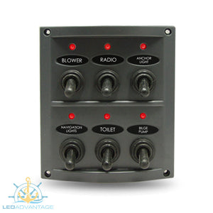 12v/24v Splashproof Grey 6 Gang Red LED Switch Panel