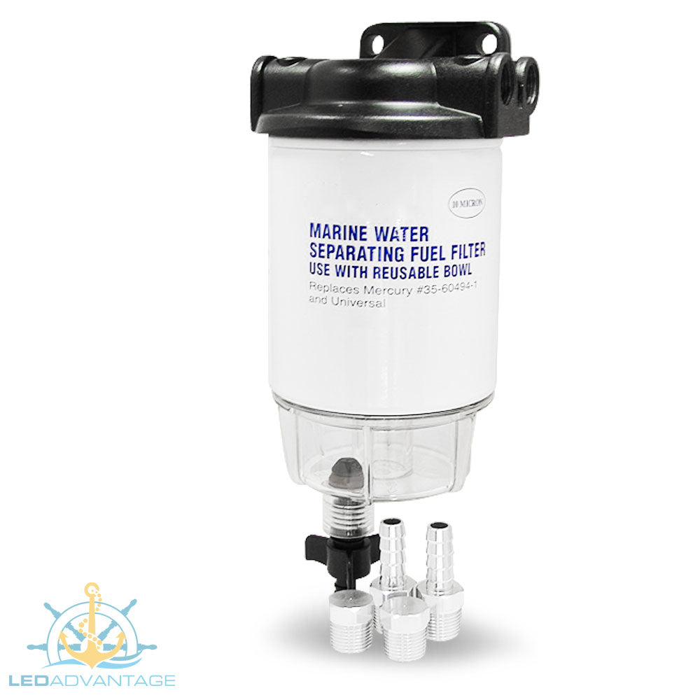 Black Die-Cast Aluminium Head Marine #35-60494-1 & #35-807172 Water Separating Fuel Filter Kit (Clear Bowl & Drain)