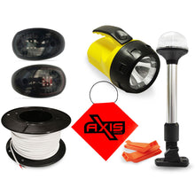 Load image into Gallery viewer, 5 Piece Black LED Navigation Kit: 12v Fold Down Anchor Light + 12v Port &amp; Starboard LED Navigation lights + Transit Flag + 50m Roll Tinned Twin Core Wiring + Torch &amp; Pealess Whistles