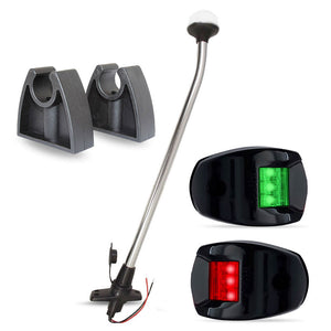 12v 60cm LED Plug-in Anchor Light + Port & Starboard LED Navigation lights + Storage Clips (Black Kit)