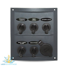 Load image into Gallery viewer, 12v/24v Splashproof Grey 5 Gang  &amp; Power Socket Switch Panel
