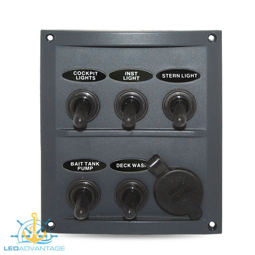 12v/24v Splashproof Grey 5 Gang  & Power Socket Switch Panel